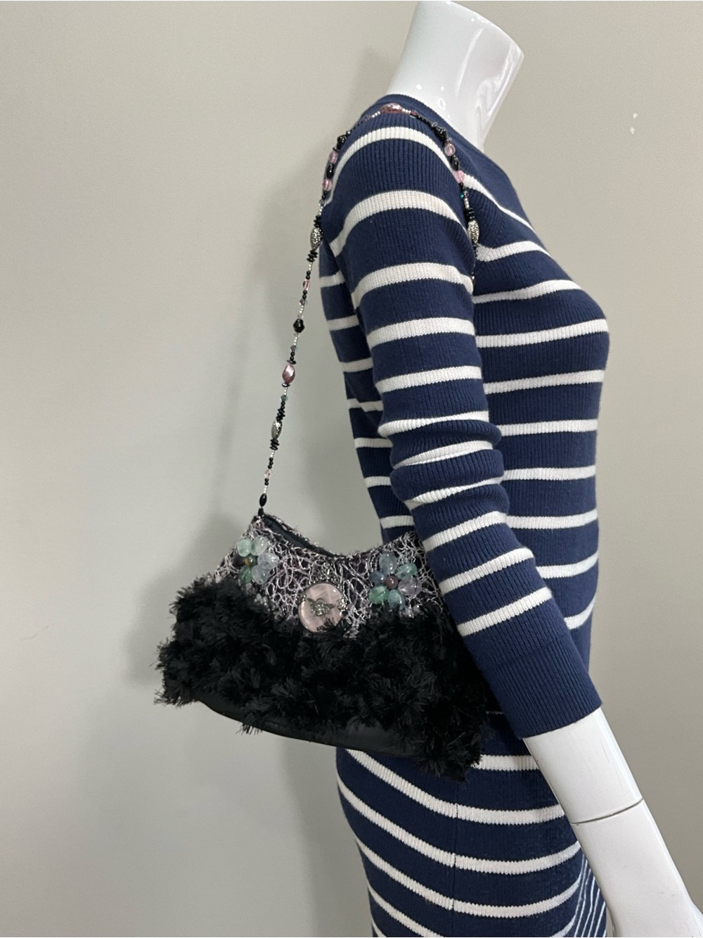 Mary Frances Black Feather Beaded Shoulder Bag Embellished Bee Purse